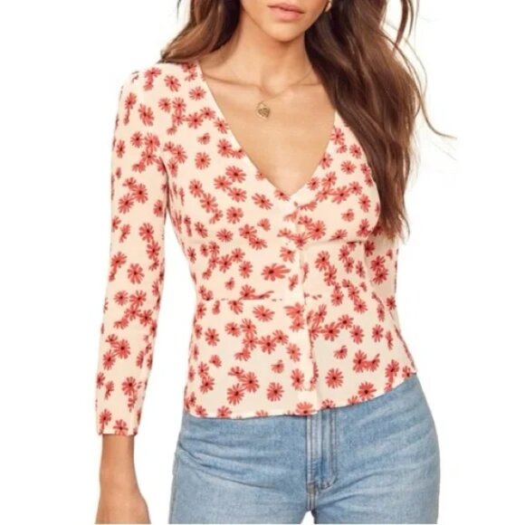 Reformation Tops - Reformation Jemma Daisy Days Floral Peplum Blouse in Red Size 4 EUC